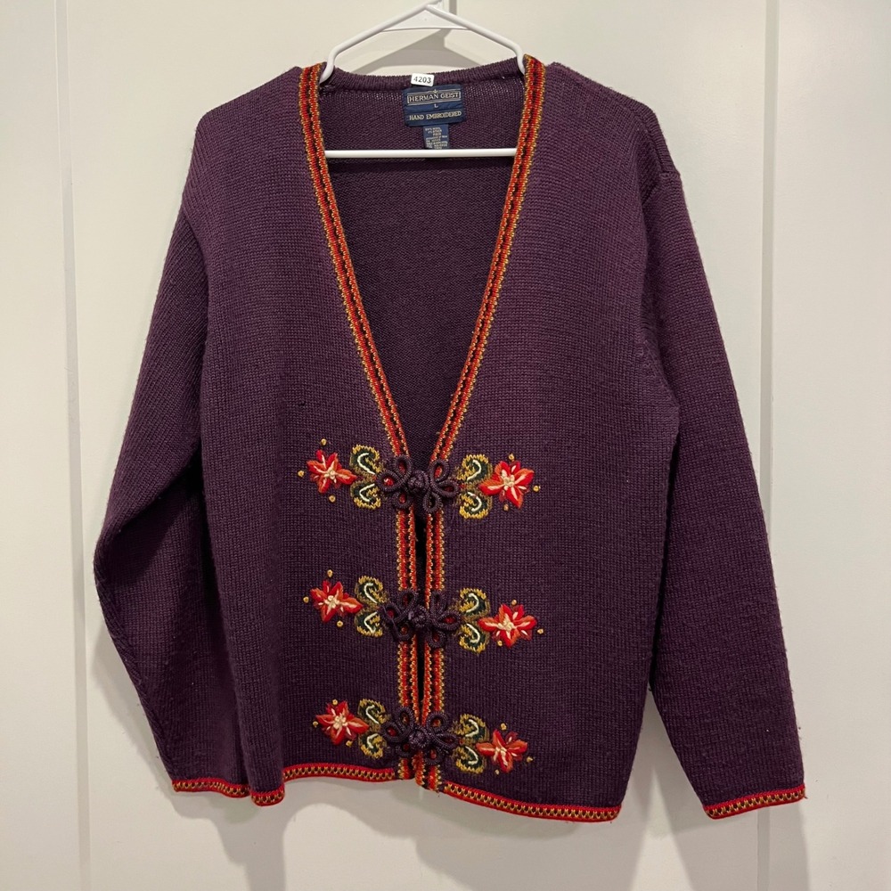 Herman Geist Vintage Purple Wool Hand Embroidered Floral Frog Closure Cardigan L